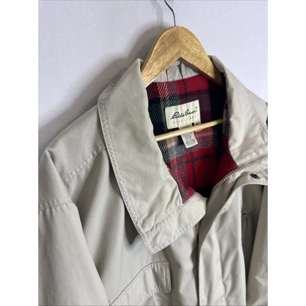 Vintage Eddie Bauer Plaid-Lined Field Jacket Mens‎ XL Tall Beige Outdoor Coat